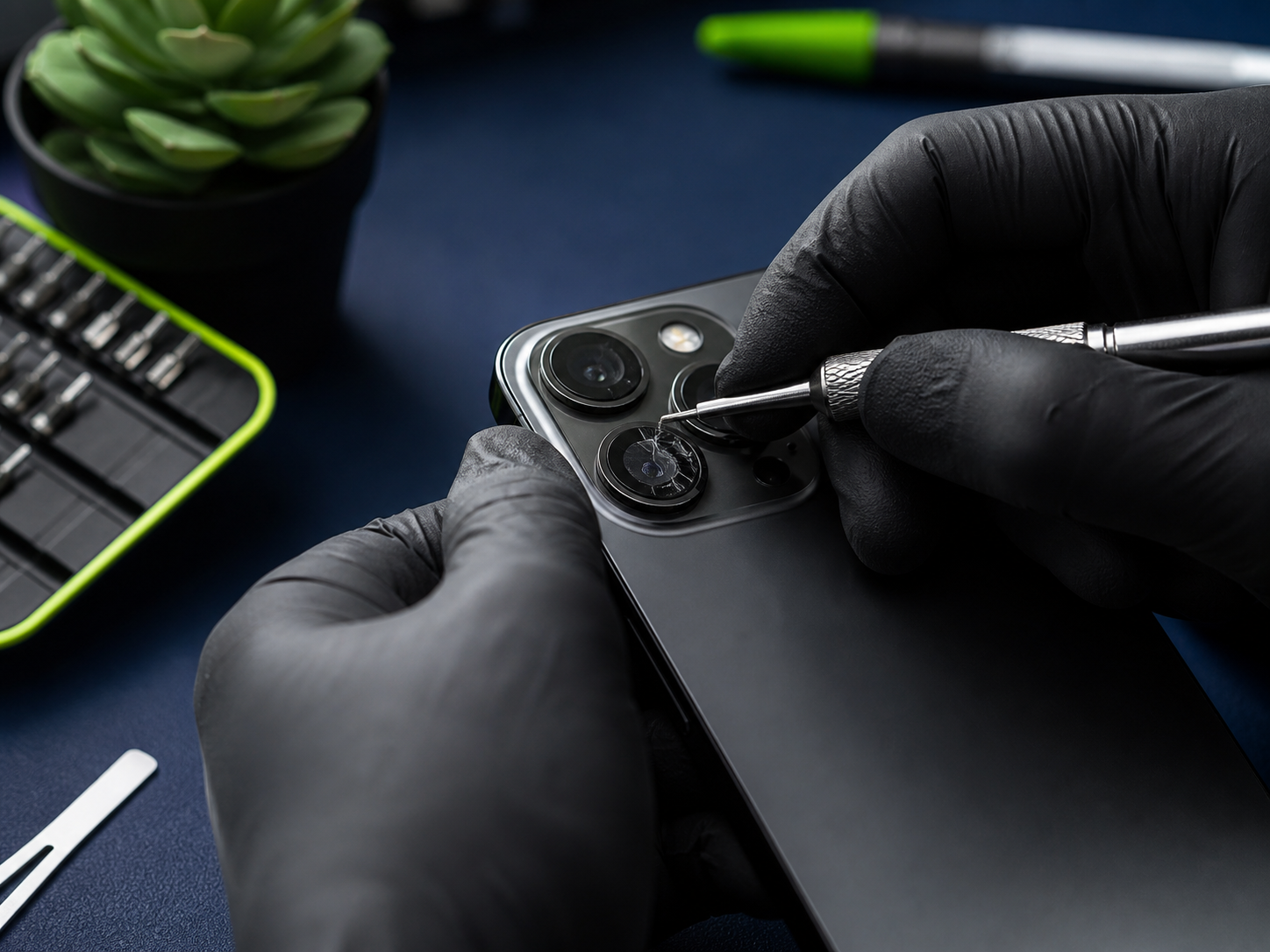 Technician examining a cracked phone camera lens