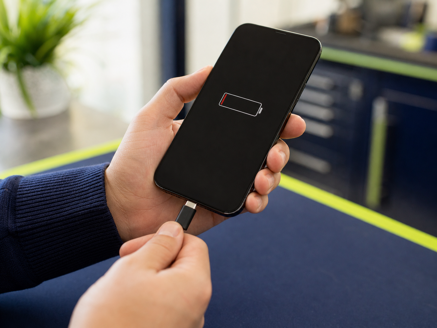 Phone connected to a charger with a nearly empty battery