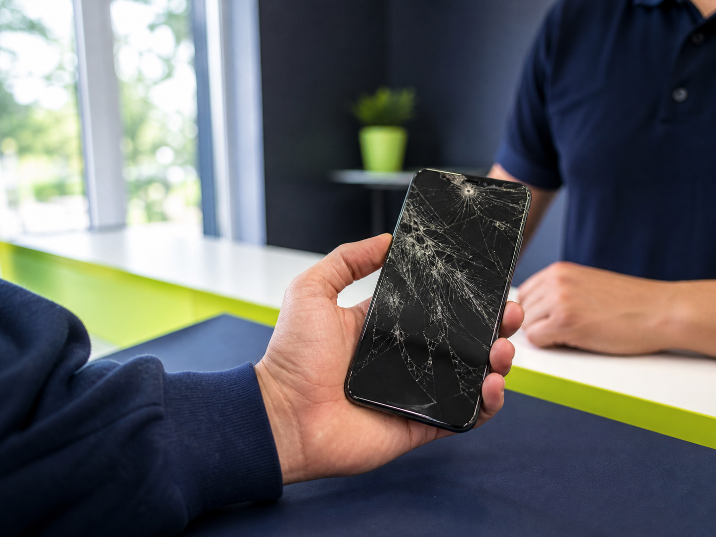 Customer holding a phone with a badly cracked screen