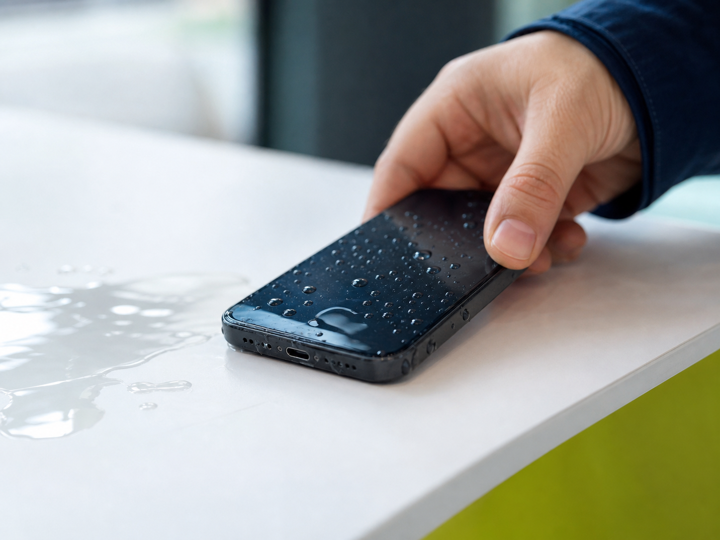 Wet phone being lifted away from a water spill